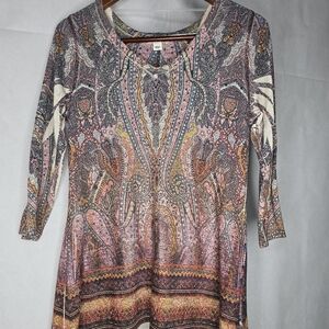 World Unity Tunic Top Colorful Embellished Boho Paisley 3/4 Sleeve Hanky Hem S